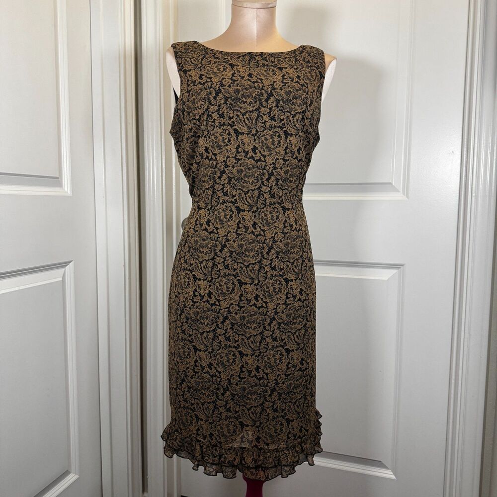 Vintage 90s Teddi Petite Dress 14 Black Gold Paisley Sheath Ruffle Hem